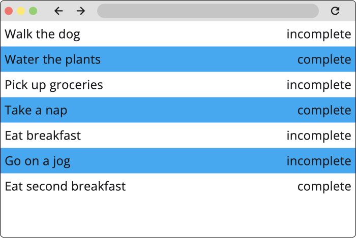 This figure shows a `ListView`, in which its children have alternating background colors. The background colors were determined programmatically based on the index of the child within the `ListView`.