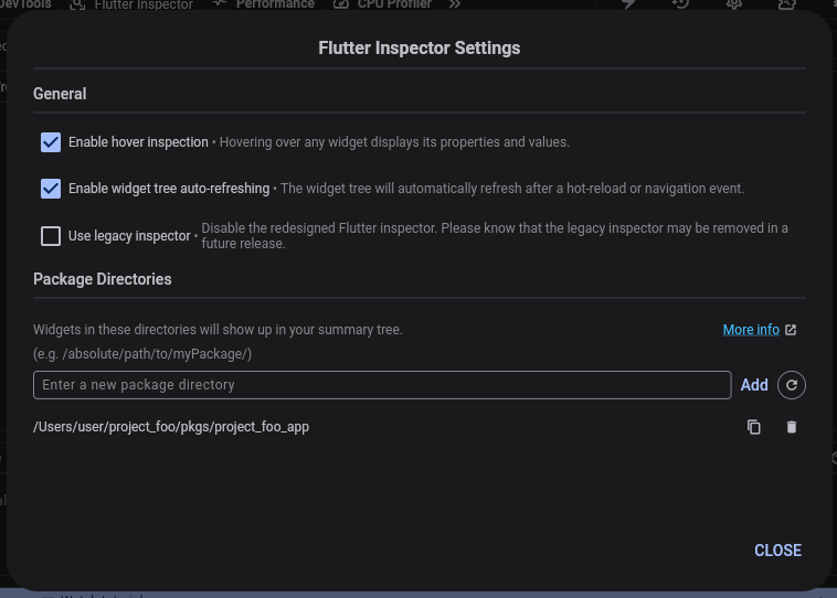 The Flutter Inspector Settings dialog