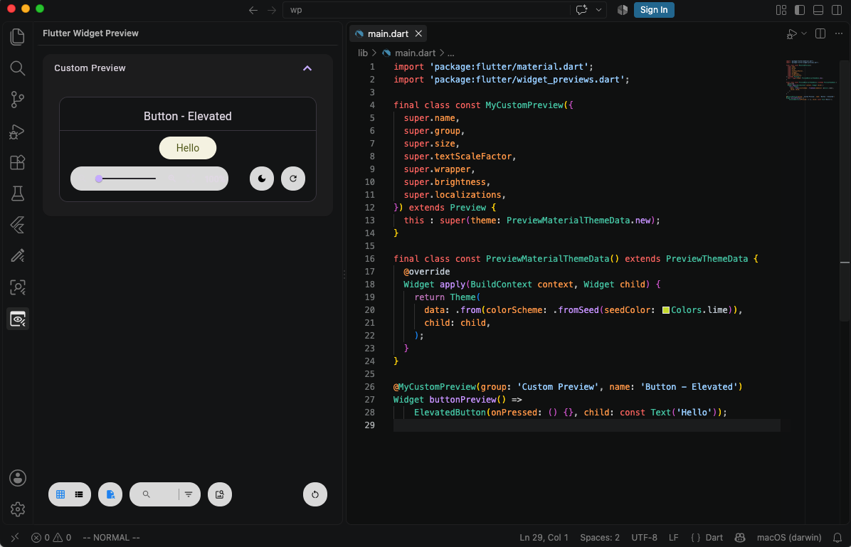 Providing ThemeData using custom Preview annotation in Flutter Widget Previewer